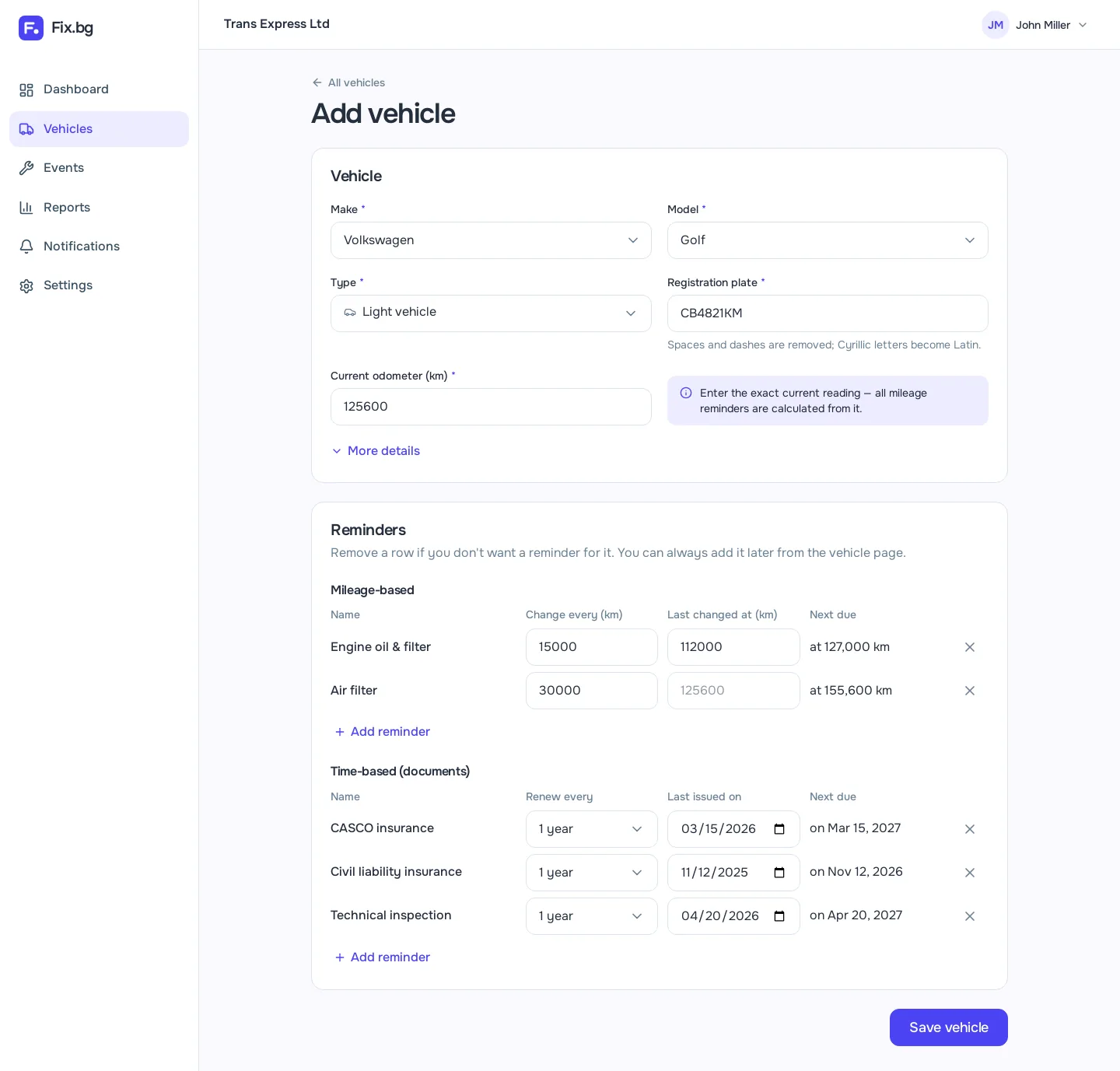Add vehicle form with reminders