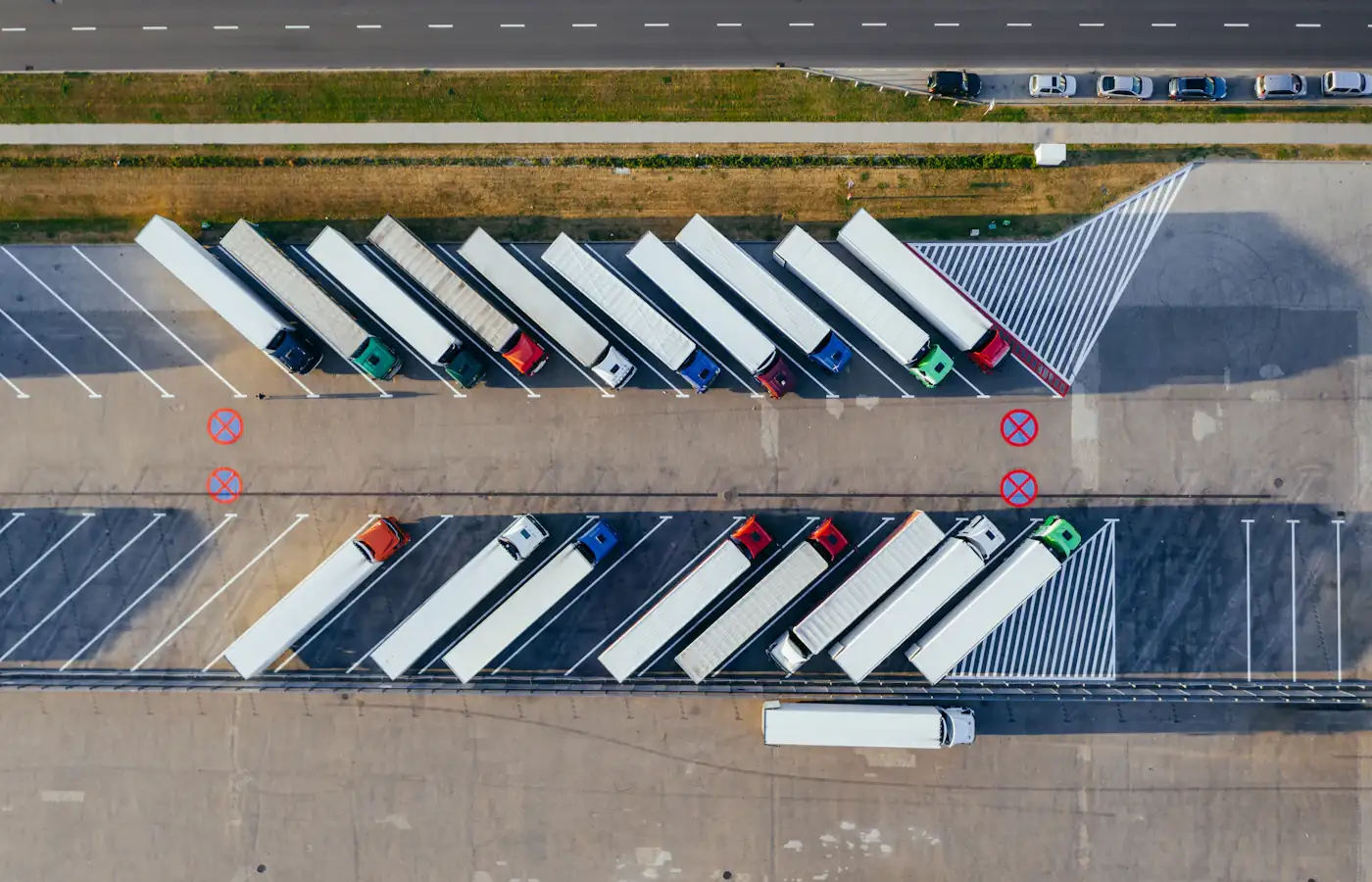 Aerial view of trucks in a freight lot